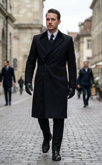 Mens Black James Bond Outfit Spectre Peak Lapel Double Breasted Bridge Long Coat