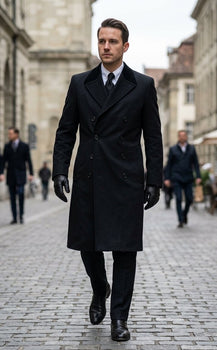 Mens Black James Bond Outfit Spectre Peak Lapel Double Breasted Bridge Long Coat