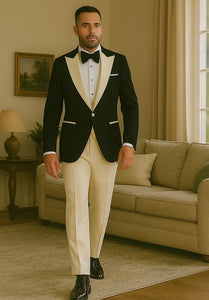 Mens Black and Ivory Tuxedo with Wide Shawl Lapel – 3 Piece Black and off White Lapel ! Vested Suit