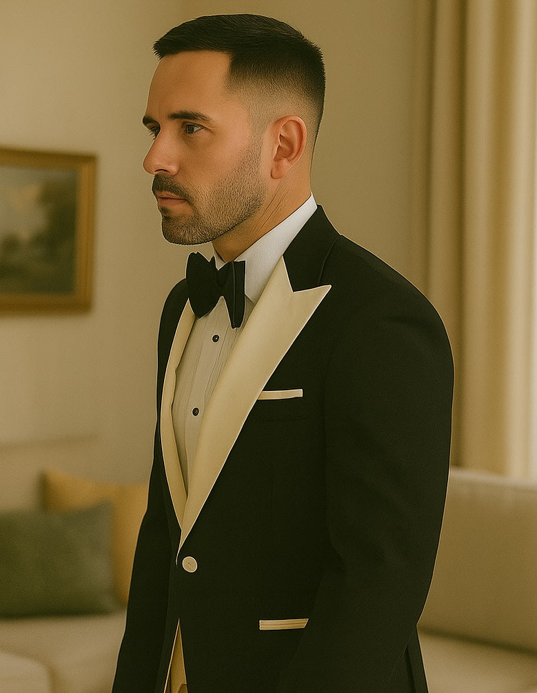 Mens Black and Ivory Tuxedo with Wide Shawl Lapel – 3 Piece Black and off White Lapel ! Vested Suit - Image 6