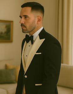 Mens Black and Ivory Tuxedo with Wide Shawl Lapel – 3 Piece Black and off White Lapel ! Vested Suit