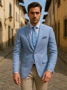 Mens Blazer - Cheap Priced Mens Sport Coat - Mens Classic Two Button Linen & Cotton Summer Sport Coat Blazer In Sky Blue Houndstooth
