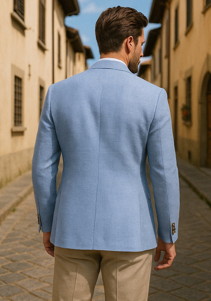 Mens Blazer - Cheap Priced Mens Sport Coat - Mens Classic Two Button Linen & Cotton Summer Sport Coat Blazer In Sky Blue Houndstooth - Image 8