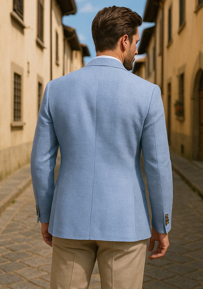 Mens Blazer - Cheap Priced Mens Sport Coat - Mens Classic Two Button Linen & Cotton Summer Sport Coat Blazer In Sky Blue Houndstooth - Image 8