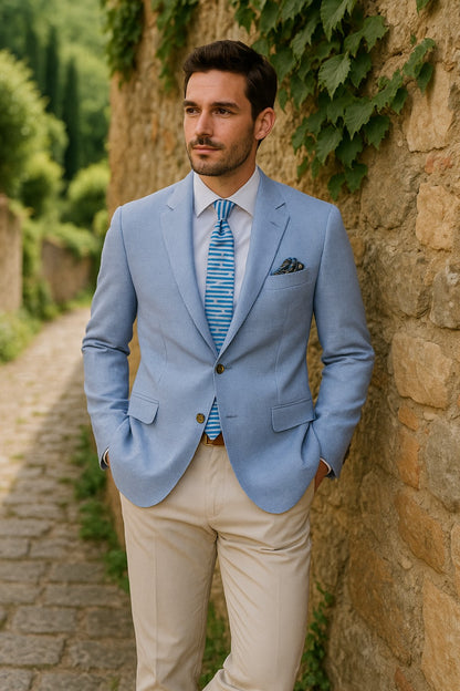 Mens Blazer - Cheap Priced Mens Sport Coat - Mens Classic Two Button Linen & Cotton Summer Sport Coat Blazer In Sky Blue Houndstooth - Image 4