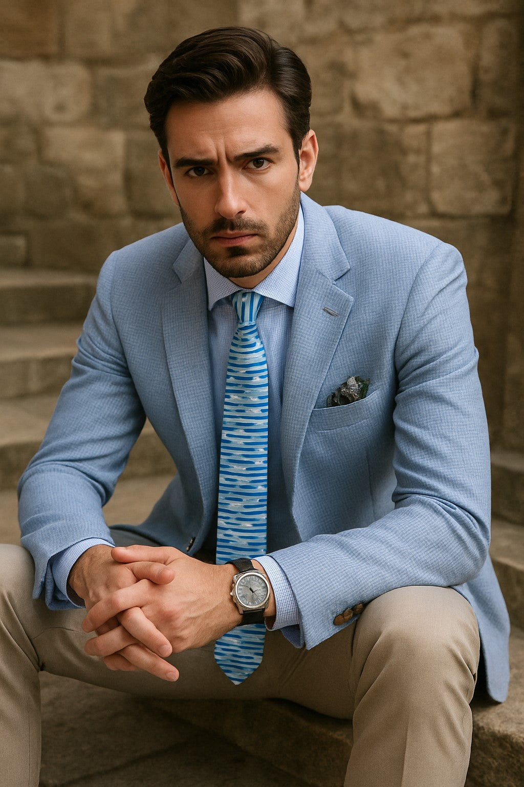 Mens Blazer - Cheap Priced Mens Sport Coat - Mens Classic Two Button Linen & Cotton Summer Sport Coat Blazer In Sky Blue Houndstooth - Image 13