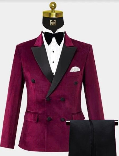 Men’s Burgundy Velvet Tuxedo, Slim Fit Double Breasted Formal Tuxedo Suit for Wedding, Prom and Groom Wear
