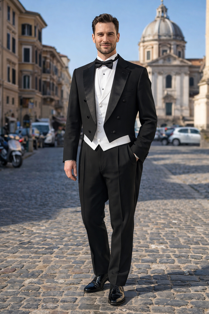 Mens Classic Black Tail Tuxedo with White Vest