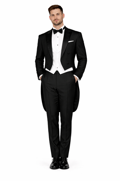 Mens Classic Black Tail Tuxedo with White Vest