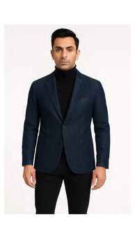 Mens Dark Blue Denim Casual Blazer with Notch Lapel and Single Button Closure