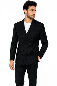 Mens Double Breasted Bold Windowpane Suit in Black