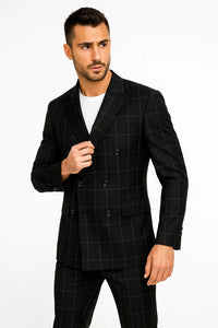Mens Double Breasted Bold Windowpane Suit in Black