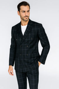 Mens Double Breasted Bold Windowpane Suit in Black