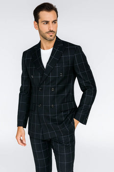 Mens Double Breasted Bold Windowpane Suit in Black