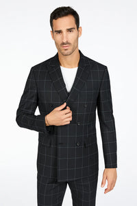 Mens Double Breasted Bold Windowpane Suit in Black