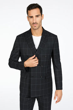 Mens Double Breasted Bold Windowpane Suit in Black