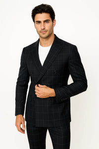 Mens Double Breasted Bold Windowpane Suit in Black