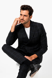 Mens Double Breasted Bold Windowpane Suit in Black