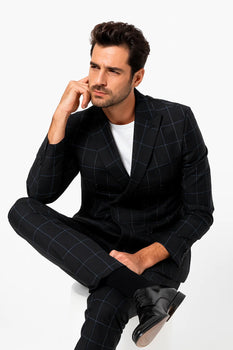 Mens Double Breasted Bold Windowpane Suit in Black