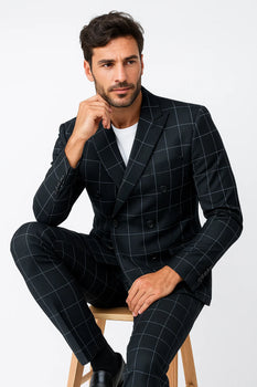 Mens Double Breasted Bold Windowpane Suit in Black