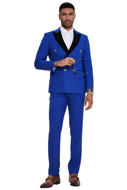 Mens Double Breasted Wedding Suit With Velvet Peak Lapel and Gold Buttons in Royal Blue - Image 2