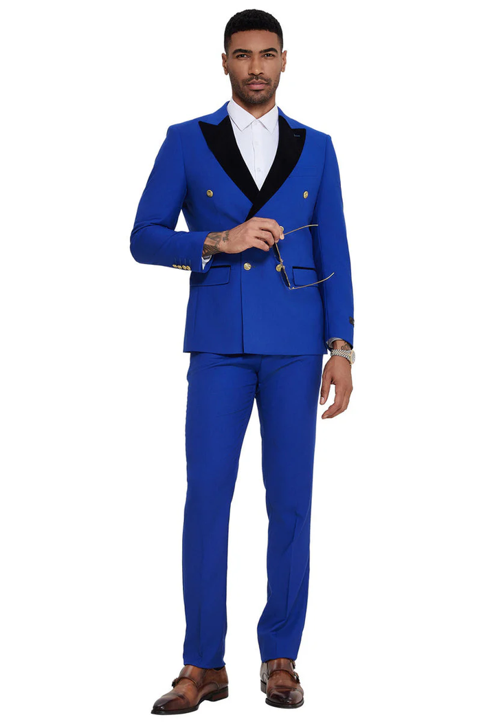 Mens Double Breasted Wedding Suit With Velvet Peak Lapel and Gold Buttons in Royal Blue - Image 2