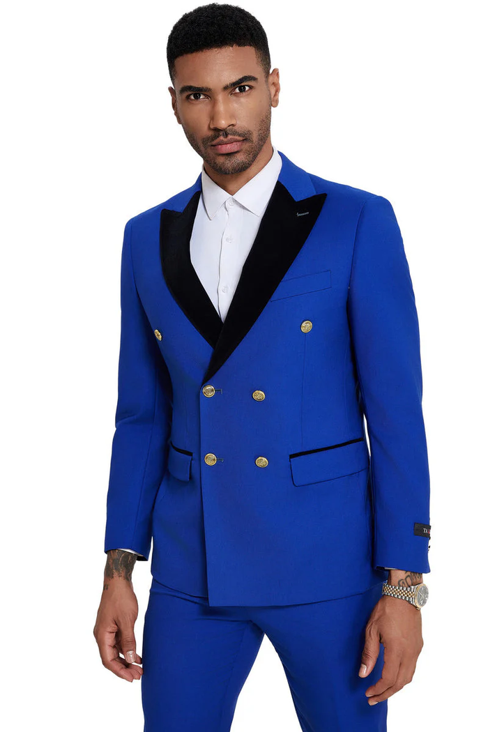 Mens Double Breasted Wedding Suit With Velvet Peak Lapel and Gold Buttons in Royal Blue - Image 3