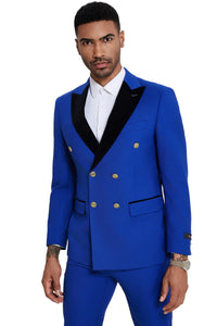 Mens Double Breasted Wedding Suit With Velvet Peak Lapel and Gold Buttons in Royal Blue
