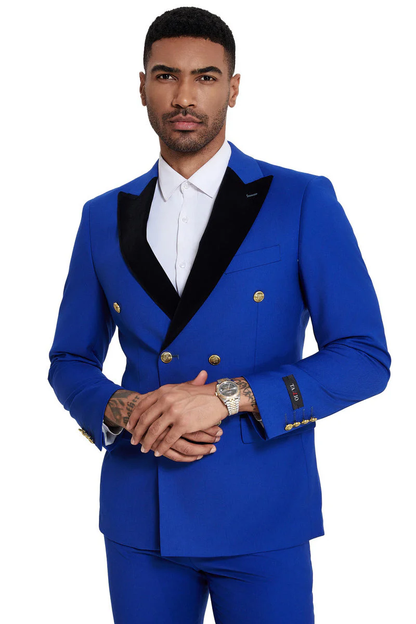 Mens Double Breasted Wedding Suit With Velvet Peak Lapel and Gold Buttons in Royal Blue - Image 4