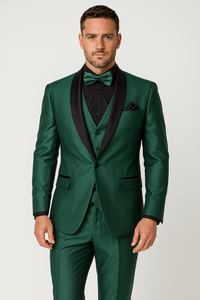 Mens Emerald Green Tuxedo with Black Satin Shawl Lapel – 3 Piece Formal Suit with Vest