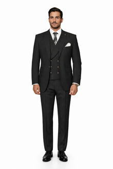 Mens Gangster Pinstripe 2 Button Double Breasted Vest Suit in Black