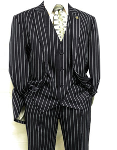 Mens Gangster Pinstripe 2 Button Double Breasted Vest Suit in Black Or Charcoal Grey