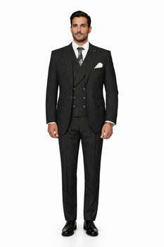 Mens Gangster Pinstripe 2 Button Double Breasted Vest Suit in Black