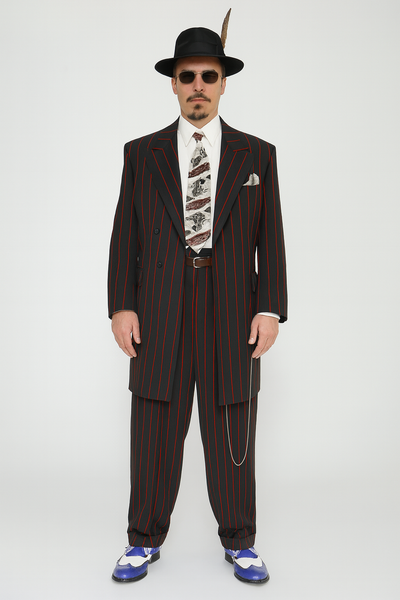 Mens High Fashion Vested Black and Red Pinstripe Zoot Suit For Sale ~ —  MensUSA