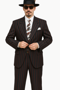 Mens High Fashion Vested Black and Red Pinstripe Zoot Suit For Sale ~ Pachuco Mens Suit Perfect for Wedding