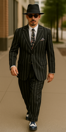 Mens High Fashion Vested Black and White Pinstripe Zoot Suit For Sale ~ Pachuco Mens Suit Perfect for Wedding