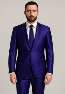 Mens Modern Fit Shiny Sharkskin Suit in Purple