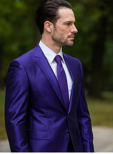 Mens Modern Fit Shiny Sharkskin Suit in Purple