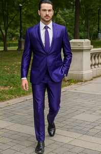 Mens Modern Fit Shiny Sharkskin Suit in Purple