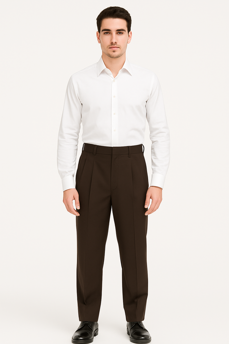 Mens Pleated Dress Pants Chocolate Brown Wide Leg Slacks Pleated Baggy Dress Trousers Unhemmed Unfinished Bottom