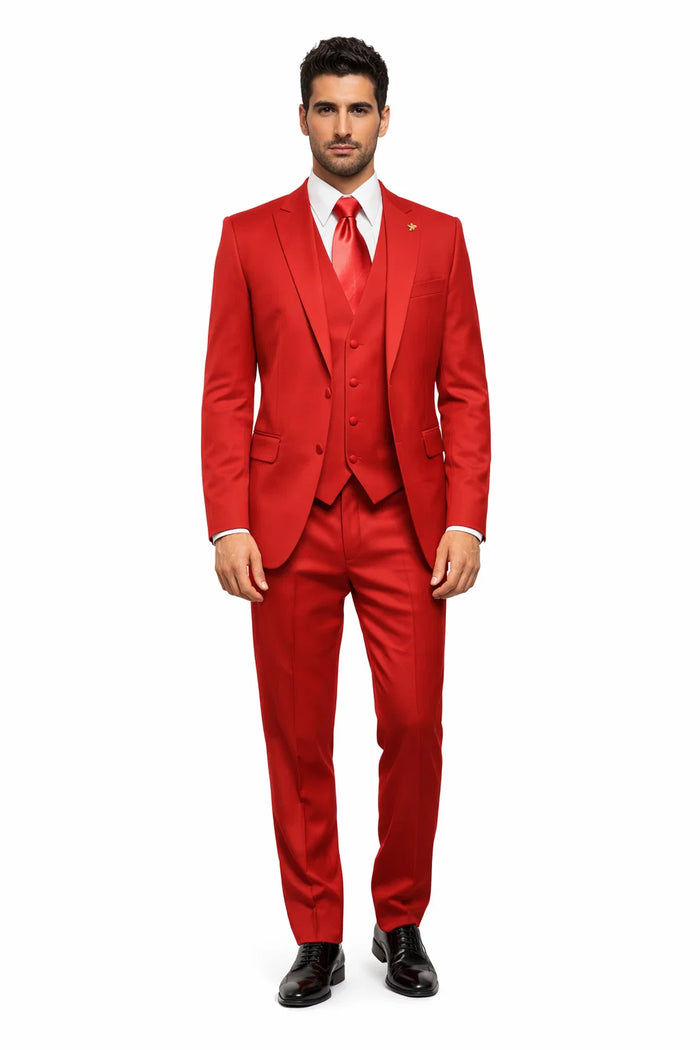 Mens Red Matching Suits Brand Vest 3 Piece Suit