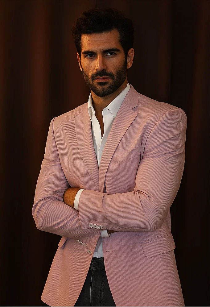 Men’s Light Red Seersucker Blazer Jacket with Notch Lapel, Dress Casual Sport Coat