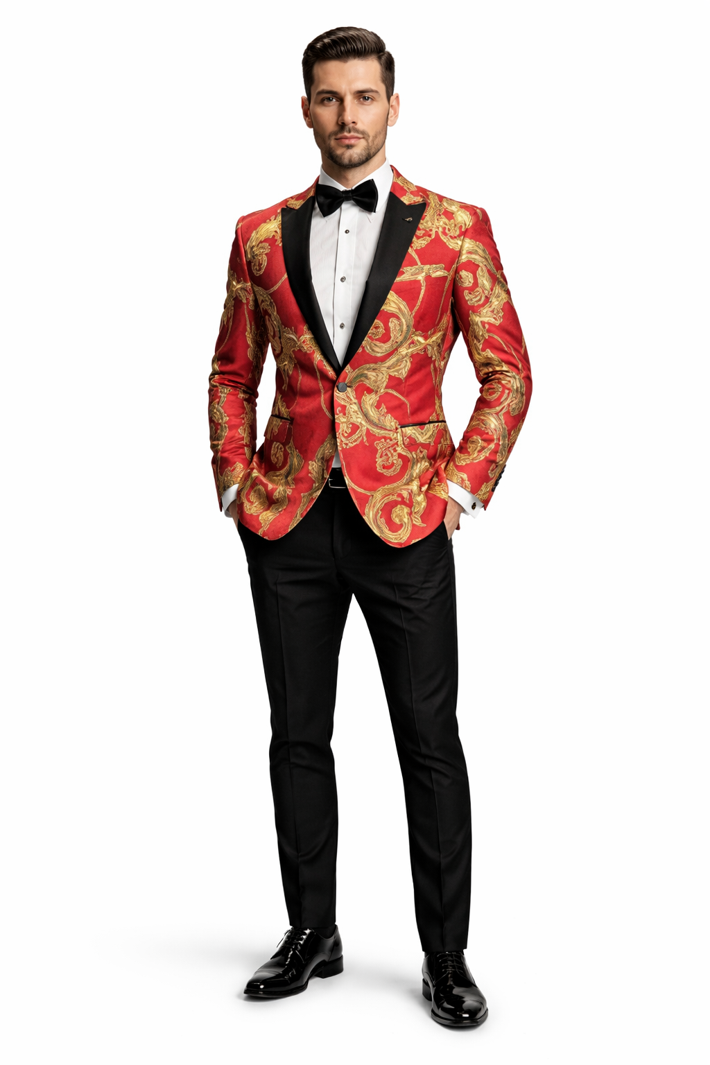 Mens Red and Gold Embroidered Tuxedo Blazer – Baroque Style One Button Dinner Jacket with Black Satin Lapel