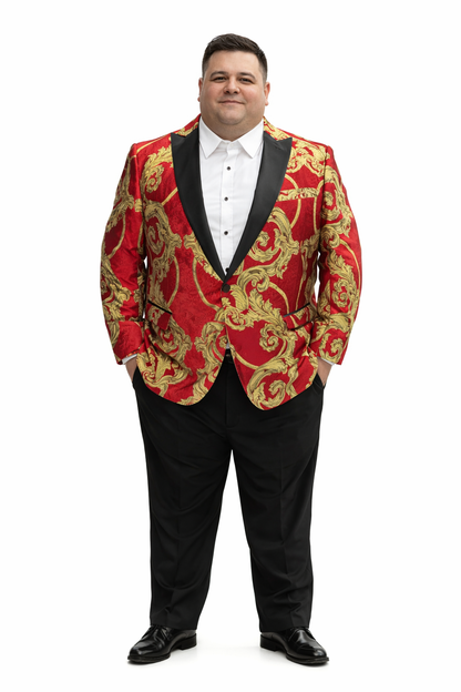 Mens Red and Gold Embroidered Tuxedo Blazer – Baroque Style One Button Dinner Jacket with Black Satin Lapel