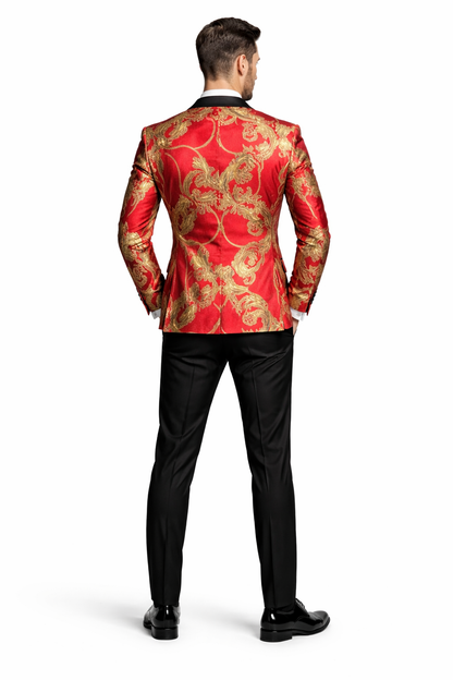 Mens Red and Gold Embroidered Tuxedo Blazer – Baroque Style One Button Dinner Jacket with Black Satin Lapel