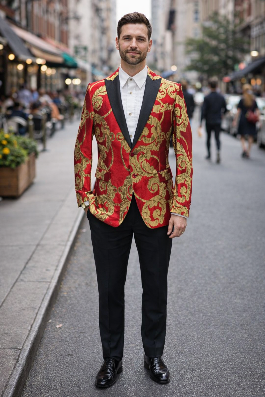 Mens Red and Gold Embroidered Tuxedo Blazer – Baroque Style One Button Dinner Jacket with Black Satin Lapel