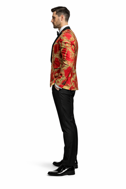 Mens Red and Gold Embroidered Tuxedo Blazer – Baroque Style One Button Dinner Jacket with Black Satin Lapel