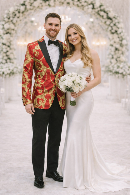 Mens Red and Gold Embroidered Tuxedo Blazer – Baroque Style One Button Dinner Jacket with Black Satin Lapel