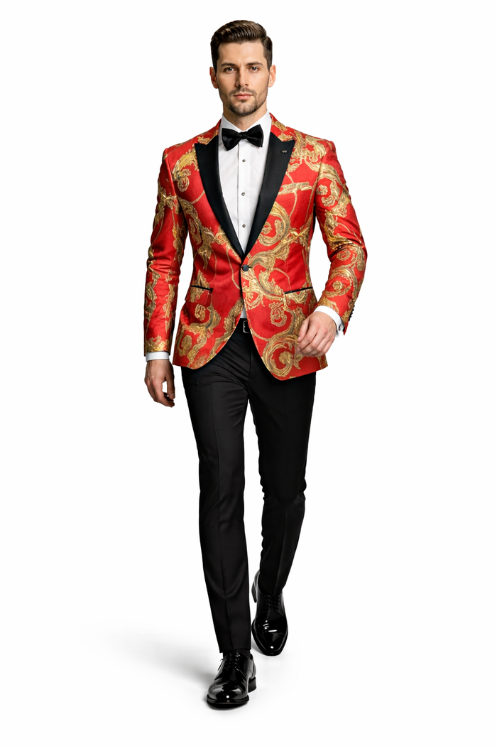 Mens Red and Gold Embroidered Tuxedo Blazer – Baroque Style One Button Dinner Jacket with Black Satin Lapel