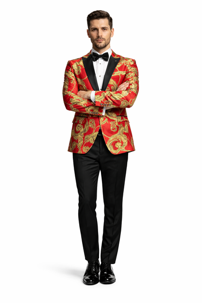 Mens Red and Gold Embroidered Tuxedo Blazer – Baroque Style One Button Dinner Jacket with Black Satin Lapel